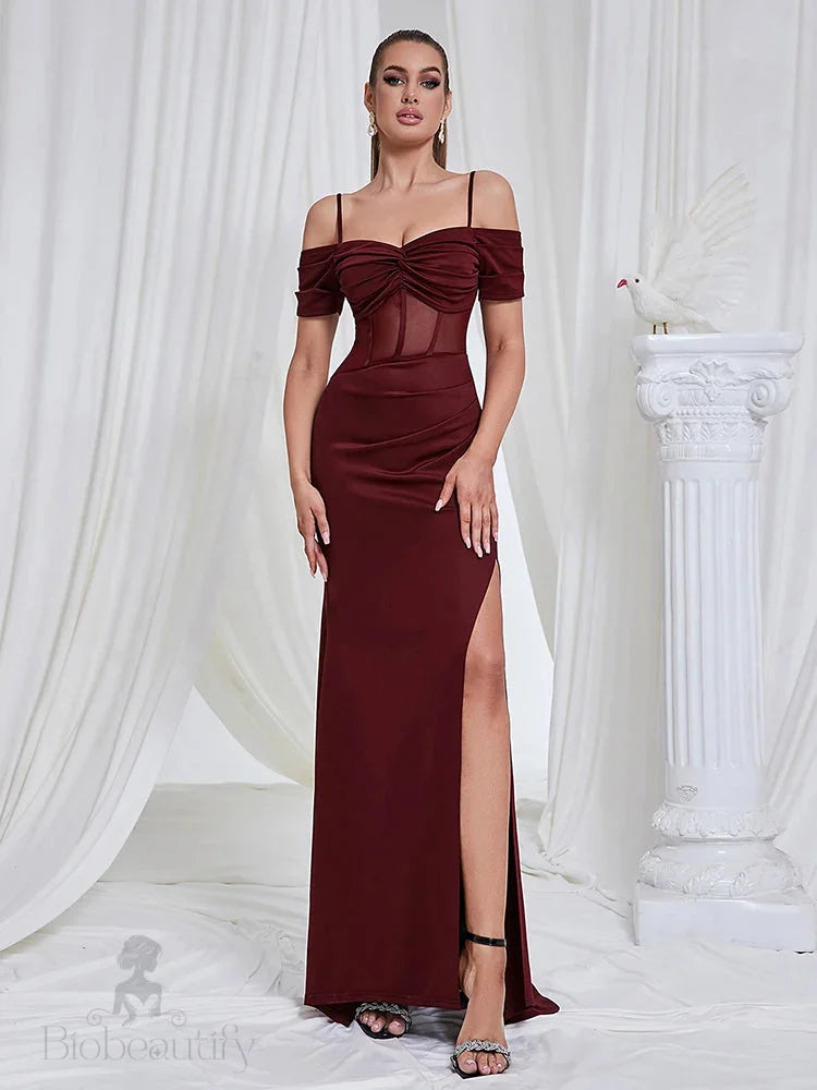 Maricia Burgundy Off Shoulder Mesh Patchwork Gown