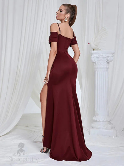 Maricia Burgundy Off Shoulder Mesh Patchwork Gown