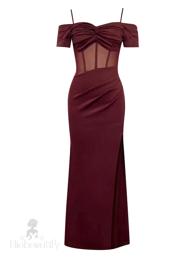 Maricia Burgundy Off Shoulder Mesh Patchwork Gown