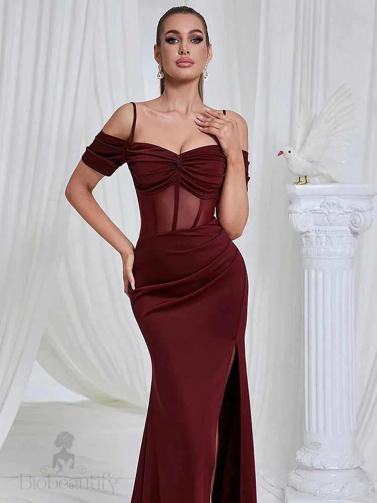 Maricia Burgundy Off Shoulder Mesh Patchwork Gown