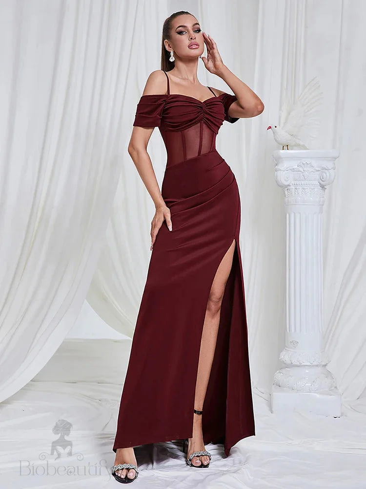 Maricia Burgundy Off Shoulder Mesh Patchwork Gown