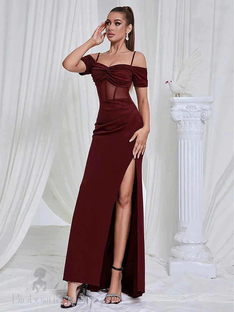 Maricia Burgundy Off Shoulder Mesh Patchwork Gown