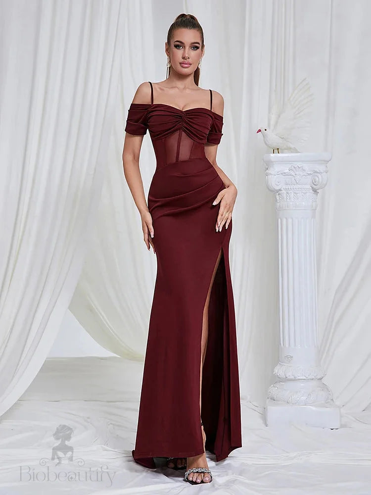 Maricia Burgundy Off Shoulder Mesh Patchwork Gown / Xs