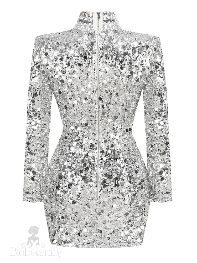 Maris Long Sleeve Silver Sequin Dress With Rhinestone Collar