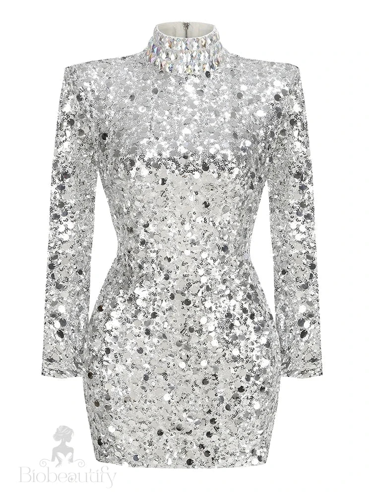 Maris Long Sleeve Silver Sequin Dress With Rhinestone Collar