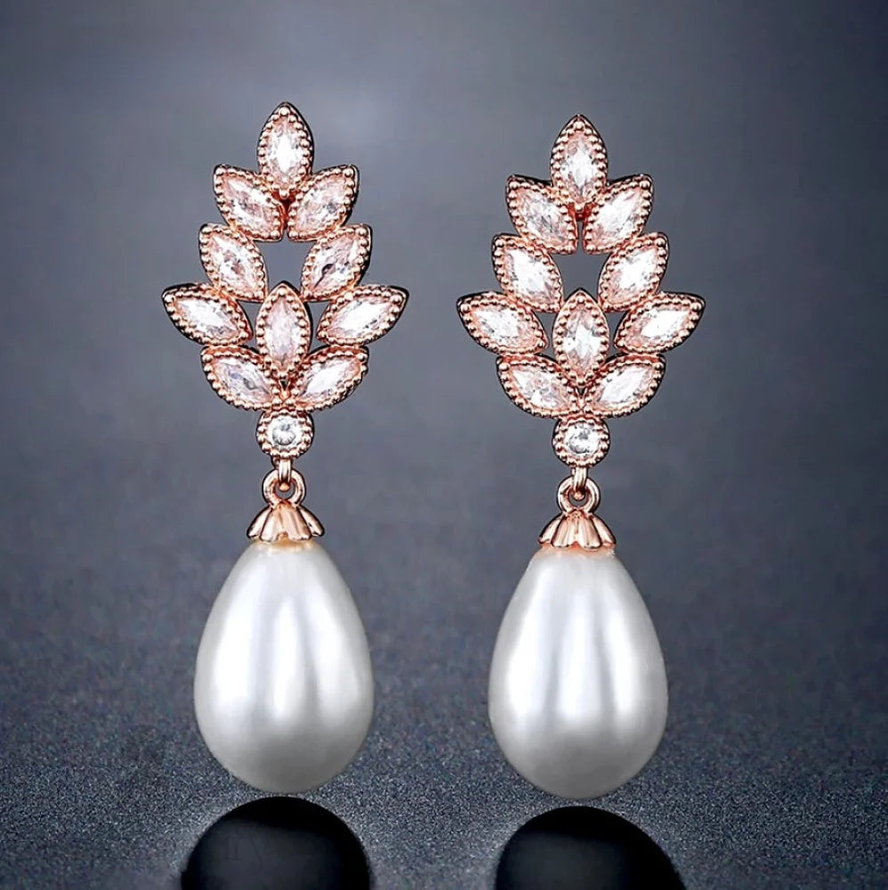 Pearl Wedding Jewelry - Pearl and Cubic Zirconia Bridal Earrings - Available in Gold