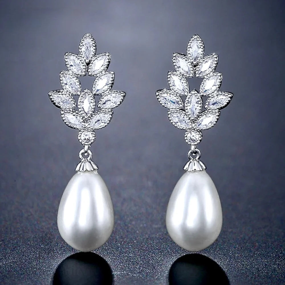 Pearl Wedding Jewelry - Pearl and Cubic Zirconia Bridal Earrings - Available in Gold