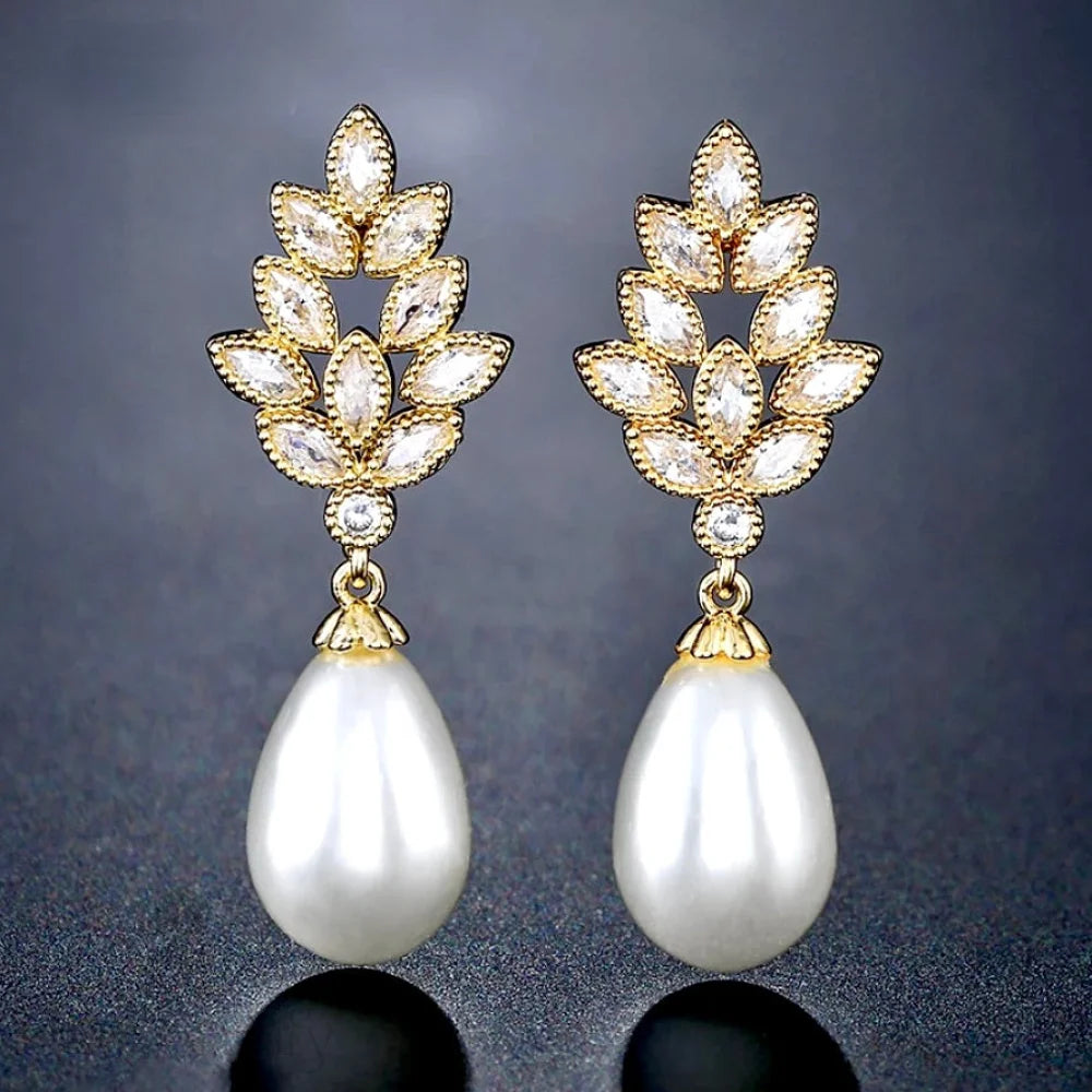 Pearl Wedding Jewelry - Pearl and Cubic Zirconia Bridal Earrings - Available in Gold