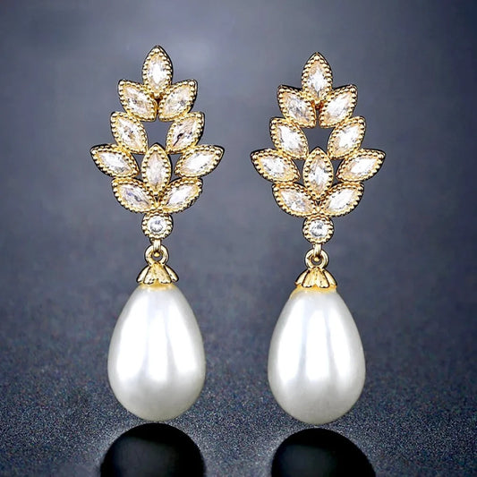 Pearl Wedding Jewelry - Pearl and Cubic Zirconia Bridal Earrings - Available in Gold