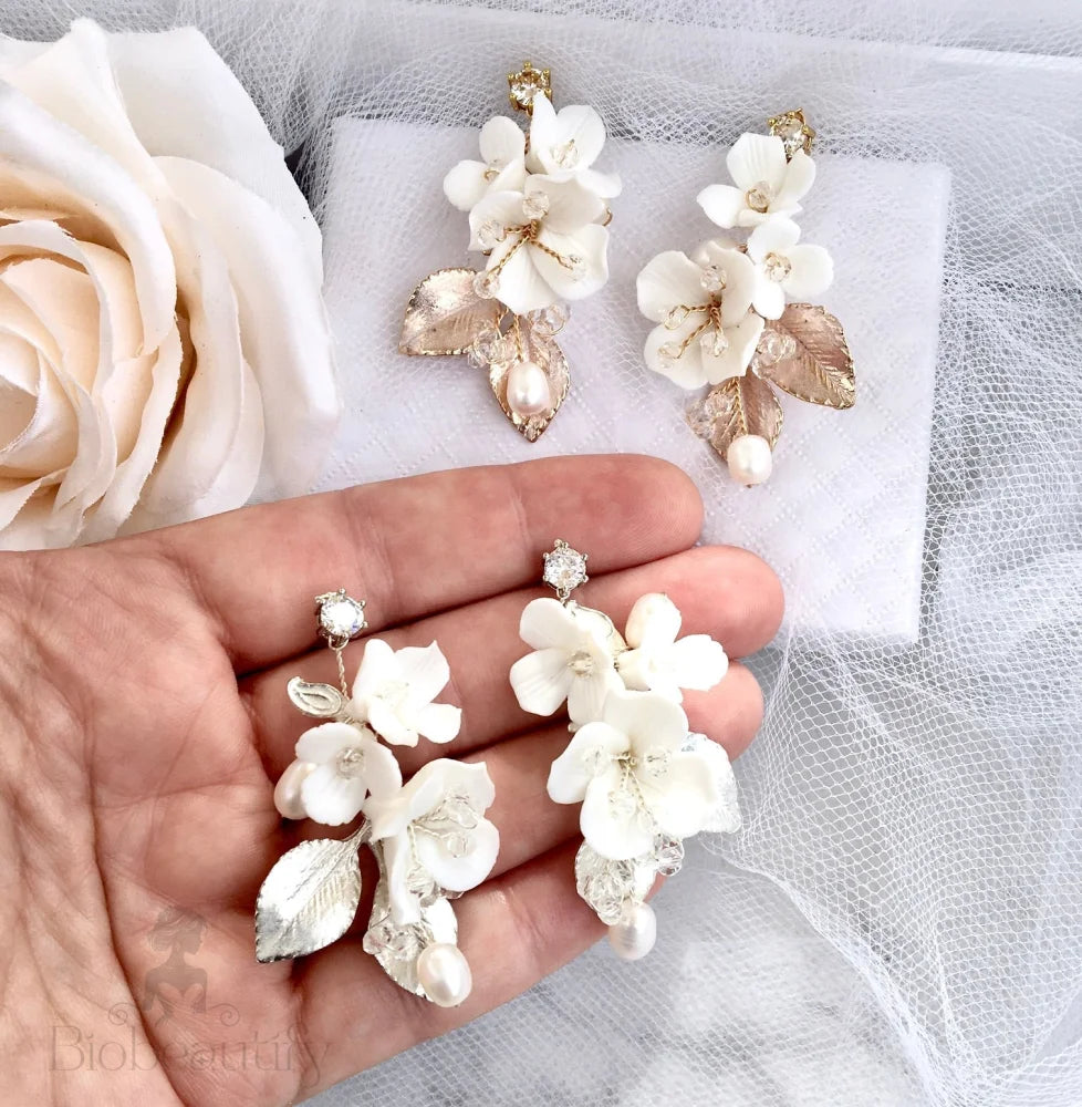 Mckenna Ceramic Floral Bridal Hair Comb And Earring Set - Gold Silver Options Available