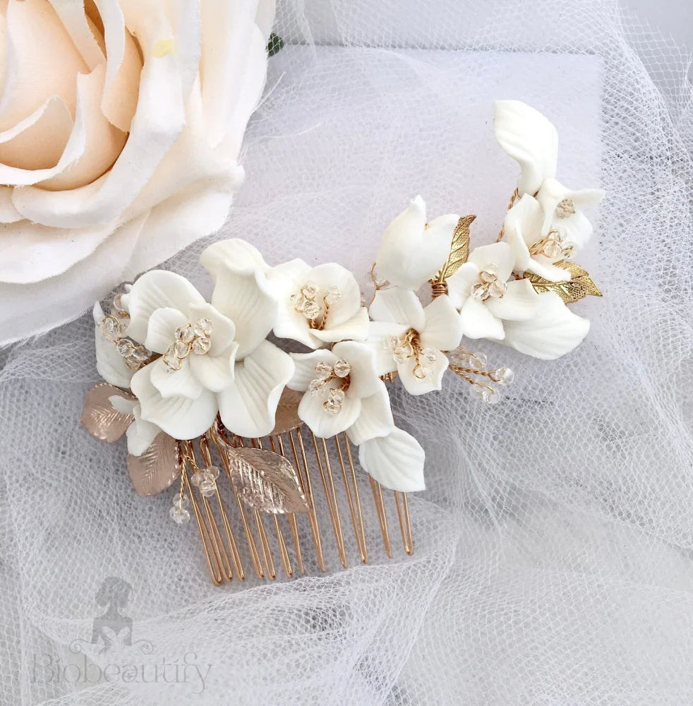 Mckenna Ceramic Floral Bridal Hair Comb And Earring Set - Gold Silver Options Available