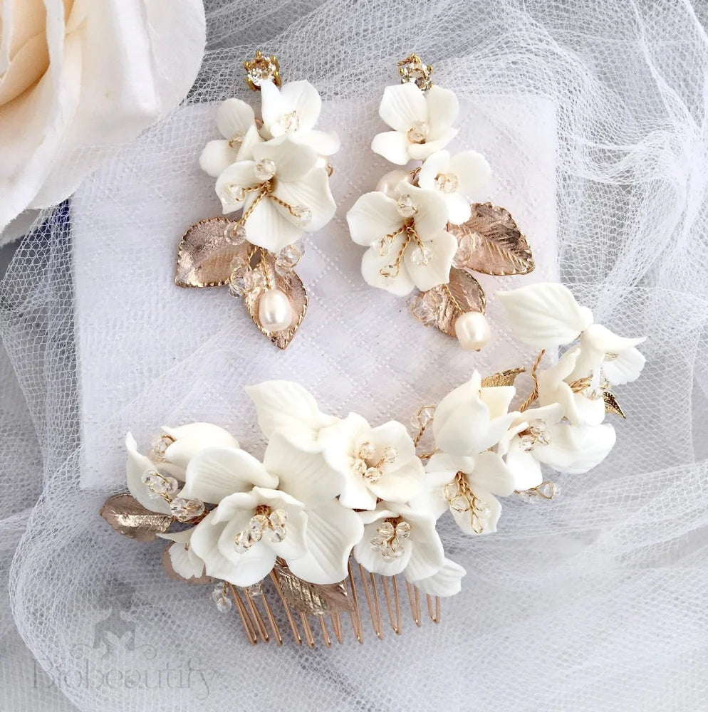 Wedding Hair Accessories - Ceramic Flowers Bridal Hair Comb and Earrings Set - Available in Silver and Gold