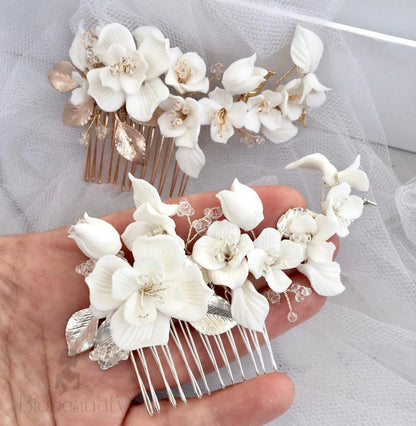 Mckenna Ceramic Floral Bridal Hair Comb And Earring Set - Gold Silver Options Available