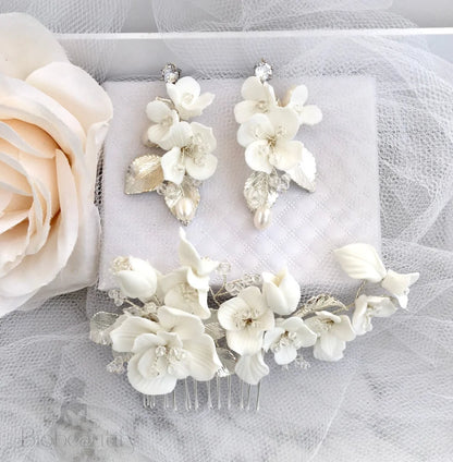 Wedding Hair Accessories - Ceramic Flowers Bridal Hair Comb and Earrings Set - Available in Silver and Gold