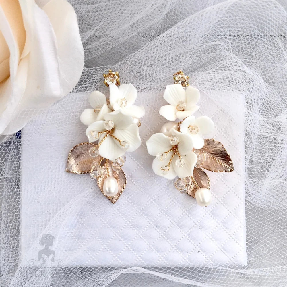 Mckenna Ceramic Floral Bridal Hair Comb And Earring Set - Gold Silver Options Available