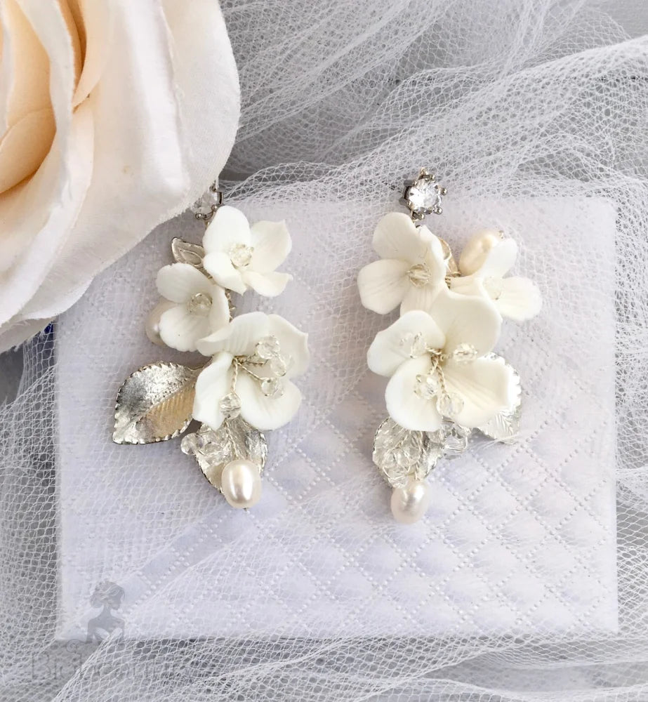 Mckenna Ceramic Floral Bridal Hair Comb And Earring Set - Gold Silver Options Available