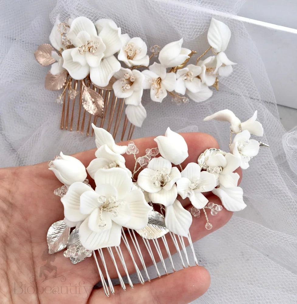 Mckenna Ceramic Flowers Bridal Hair Comb - Gold And Silver Options