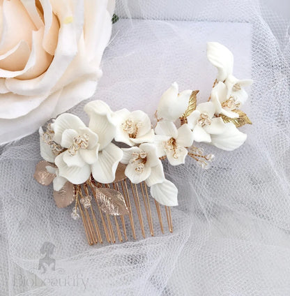 Wedding Hair Accessories - Ceramic Flowers Bridal Hair Comb - Available in Silver and Gold