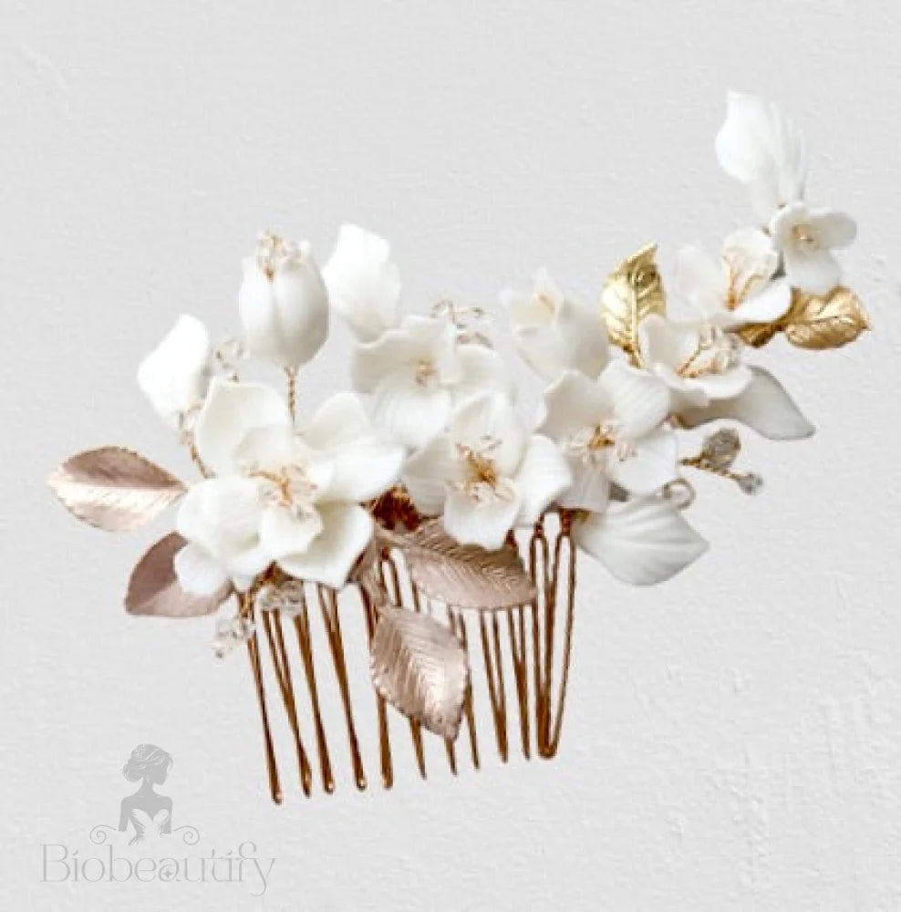 Mckenna Ceramic Flowers Bridal Hair Comb - Gold And Silver Options