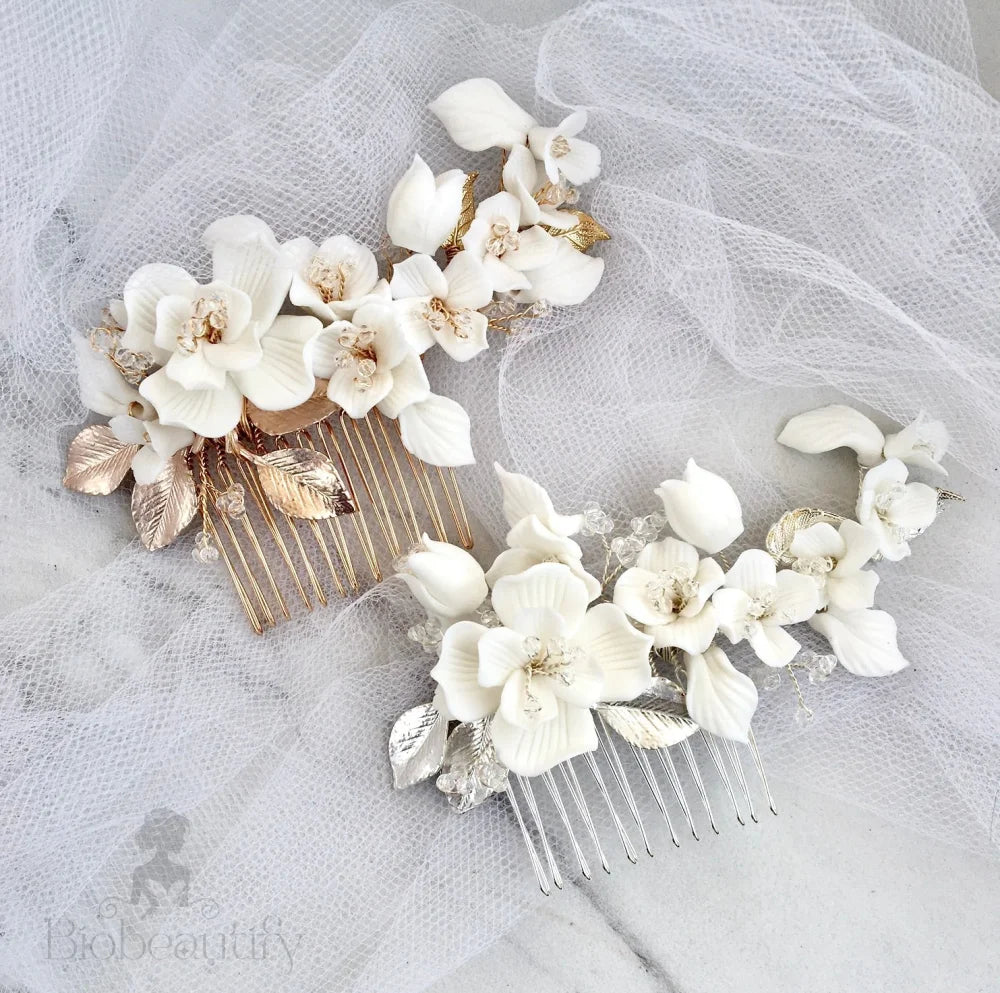 Mckenna Ceramic Flowers Bridal Hair Comb - Gold And Silver Options