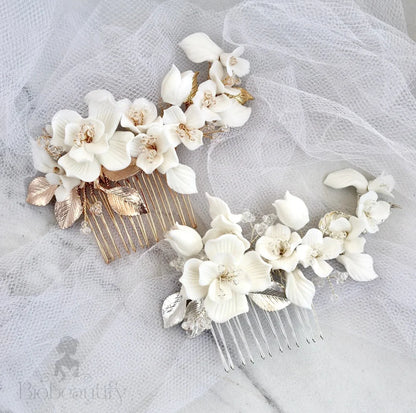 Mckenna Ceramic Flowers Bridal Hair Comb - Gold And Silver Options