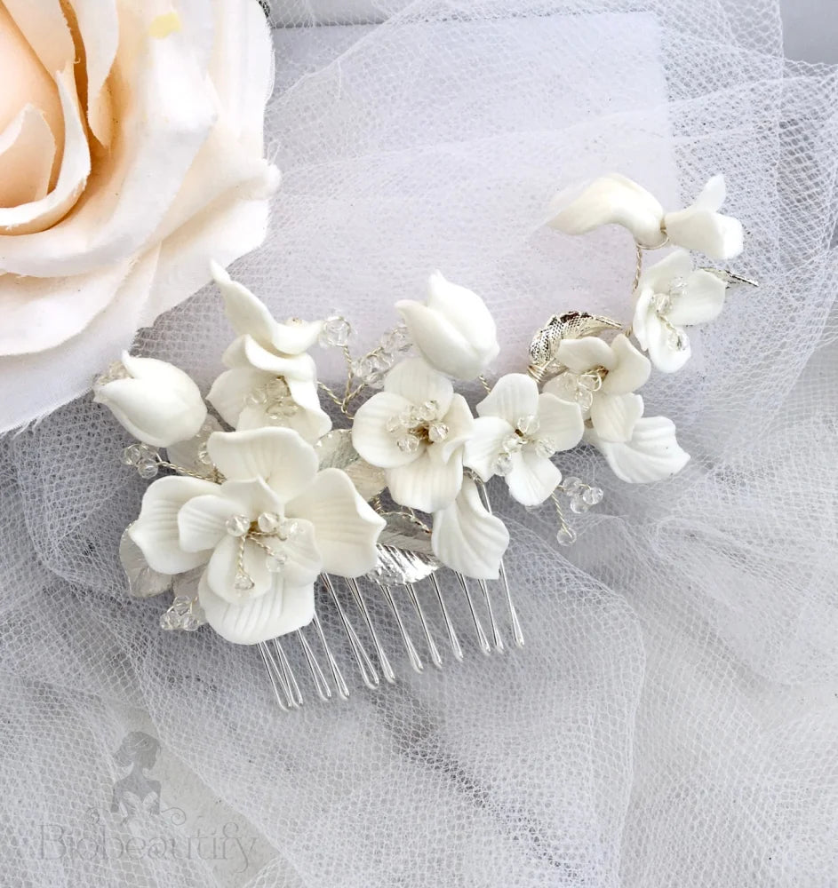 Wedding Hair Accessories - Ceramic Flowers Bridal Hair Comb - Available in Silver and Gold