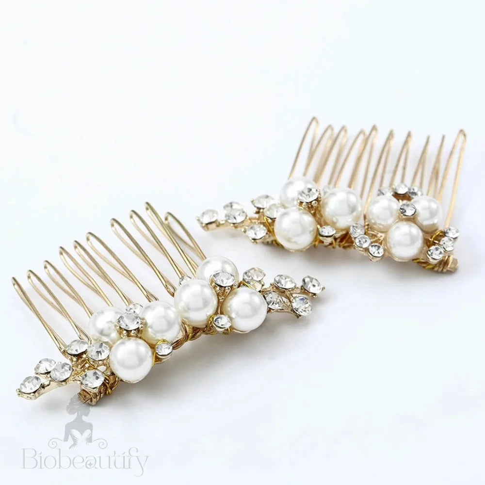 Mera Pearl Hair Comb Set Of 2 In Gold And Silver