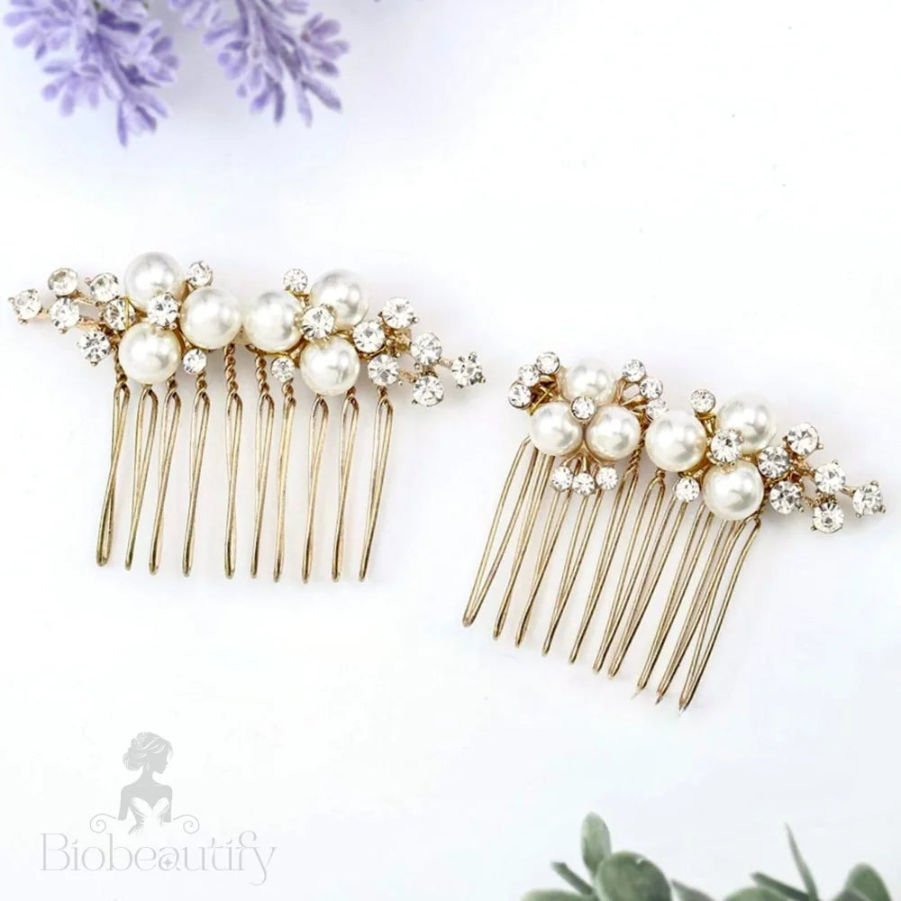 Mera Pearl Hair Comb Set Of 2 In Gold And Silver