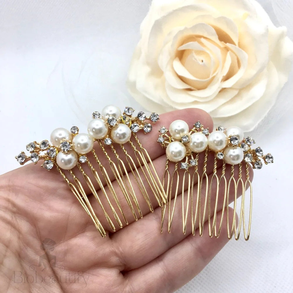 Mera Pearl Hair Comb Set Of 2 In Gold And Silver