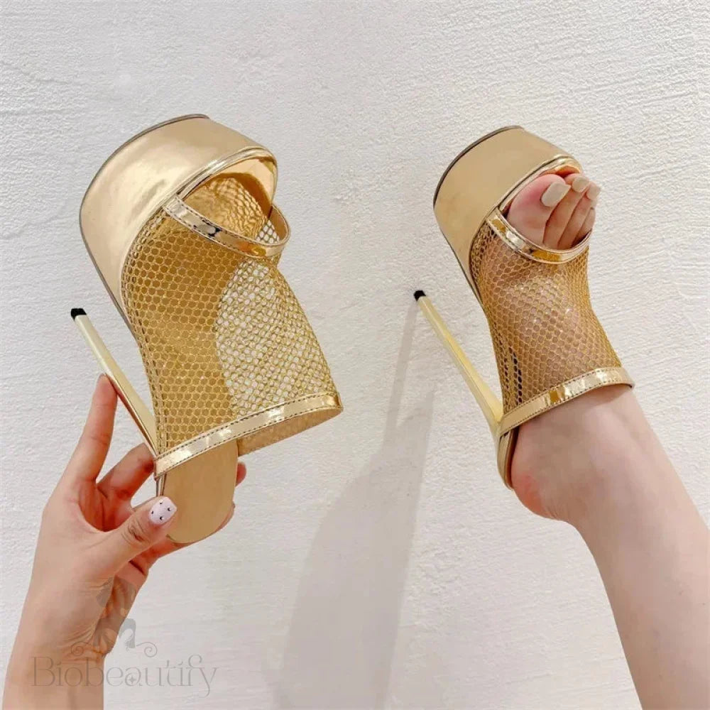 Mesh Fabric Sexy Women Slippers With Platform Peep Toe Nightclub Stiletto High Heels