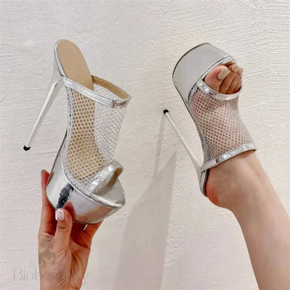 Mesh Fabric Sexy Women Slippers With Platform Peep Toe Nightclub Stiletto High Heels