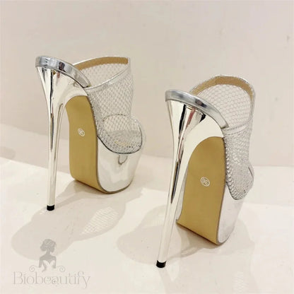 Mesh Fabric Sexy Women Slippers With Platform Peep Toe Nightclub Stiletto High Heels