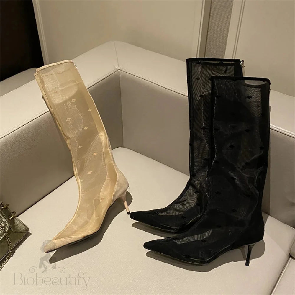 Mesh Knee-High Boots With Thin Heels And Pointed Toe Zipper Sandals