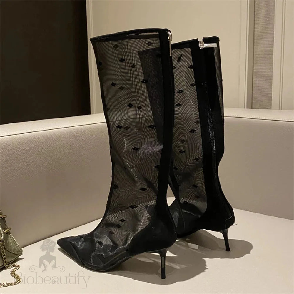 Mesh Knee-High Boots With Thin Heels And Pointed Toe Zipper Sandals