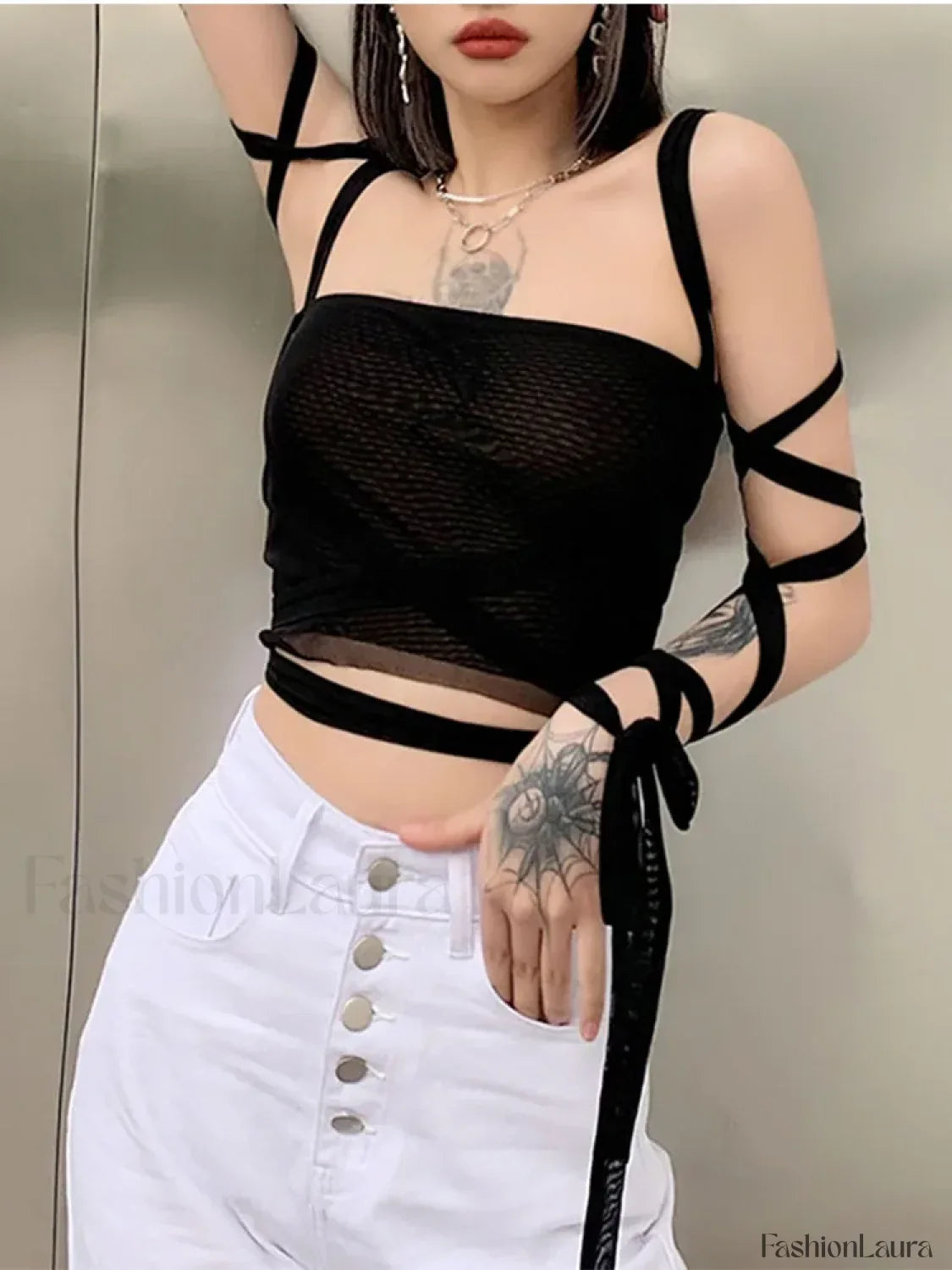 Mesh Lace Up Bandage Fairy Grunge Cyber Y2k Goth Sexy Crop Top