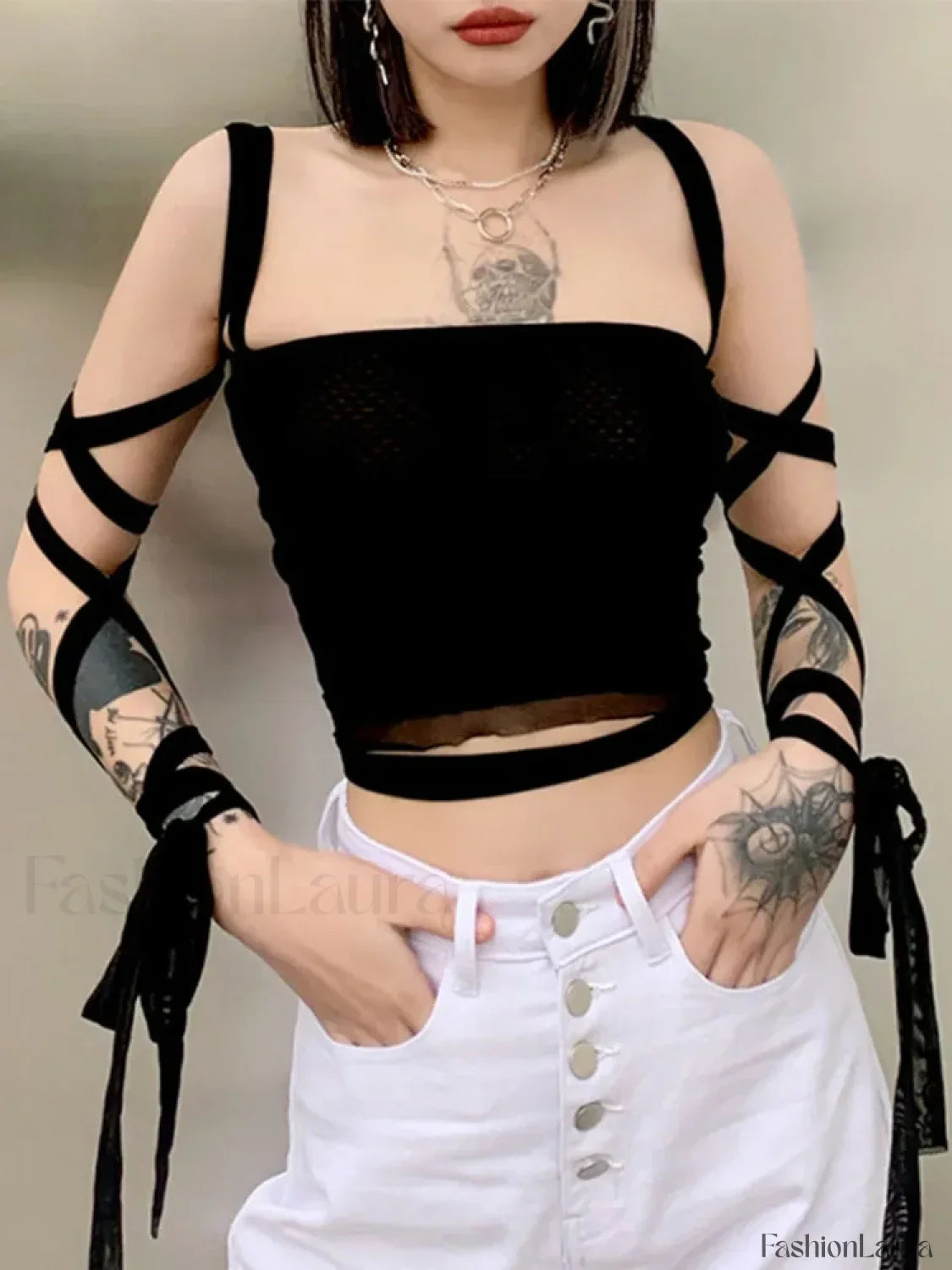 Mesh Lace Up Bandage Fairy Grunge Cyber Y2k Goth Sexy Crop Top Black / S