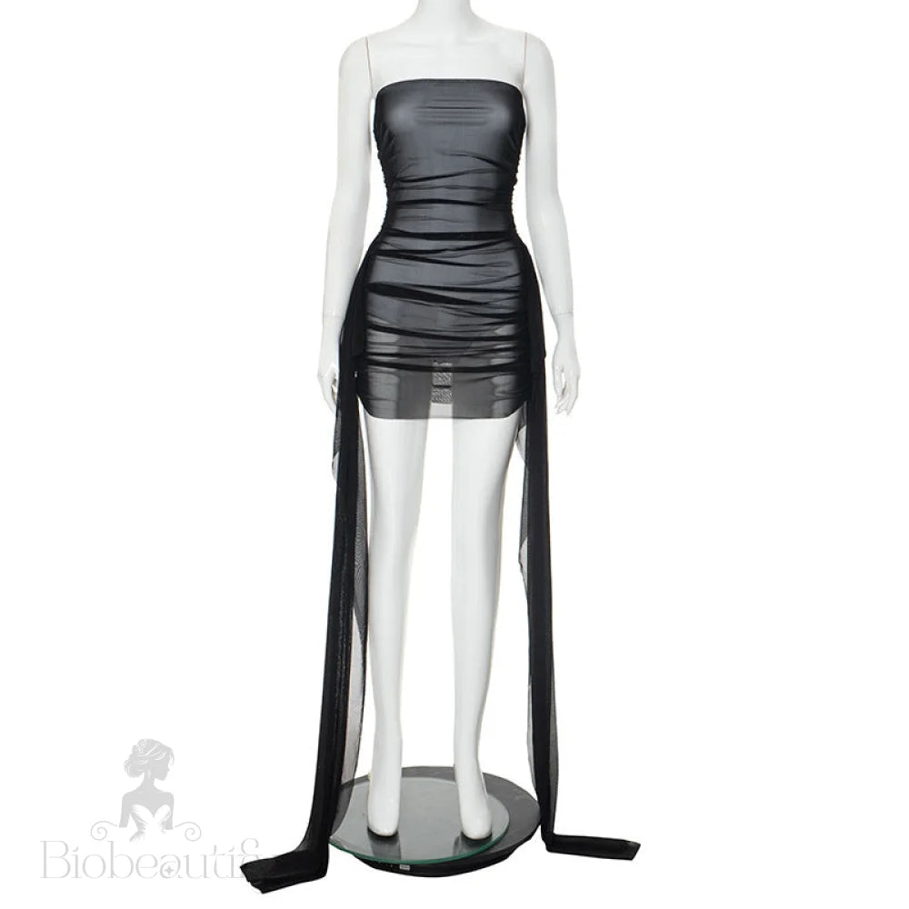 Mesh Ribbon Pleated Dress For Women Black / L