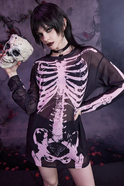 Mesh Skeleton Print Gothic T-Shirt Pink / S