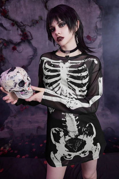 Mesh Skeleton Print Gothic T-Shirt White / S