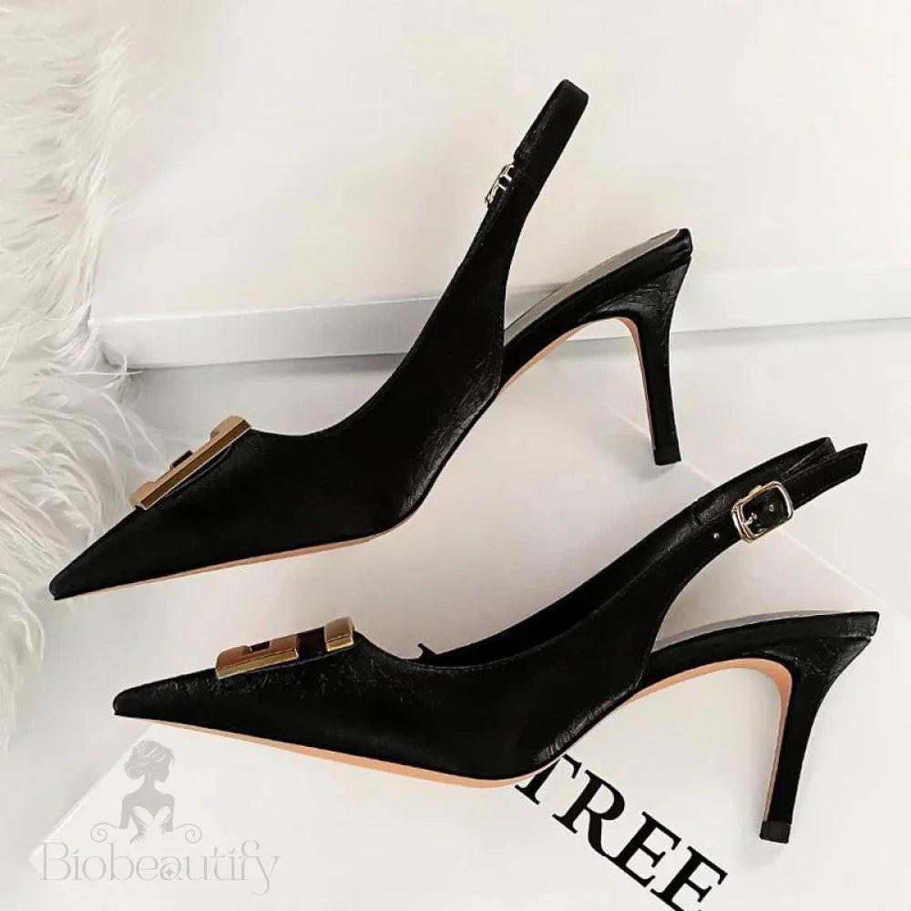 Metal Kitten Heels Hollow High Woman Pumps Sexy Party Shoes Black / 34