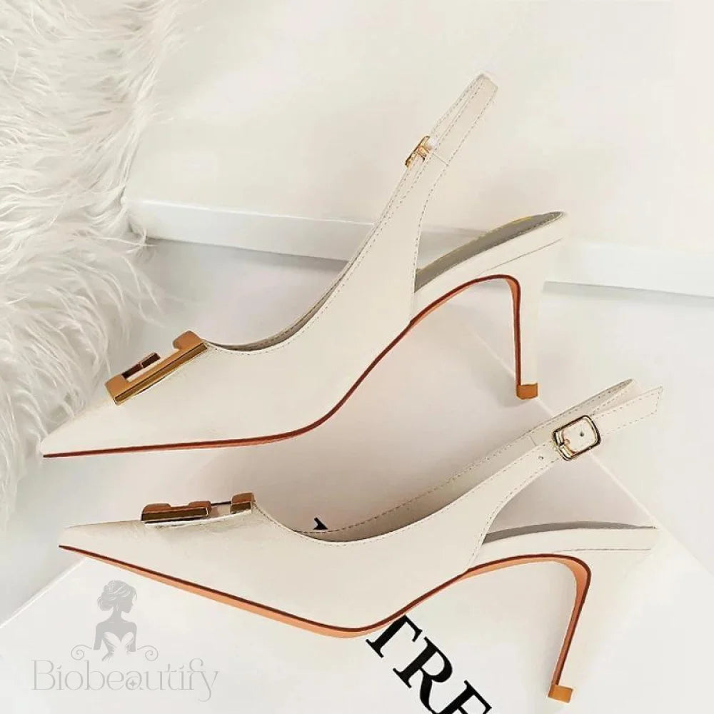 Metal Kitten Heels Hollow High Woman Pumps Sexy Party Shoes White / 34