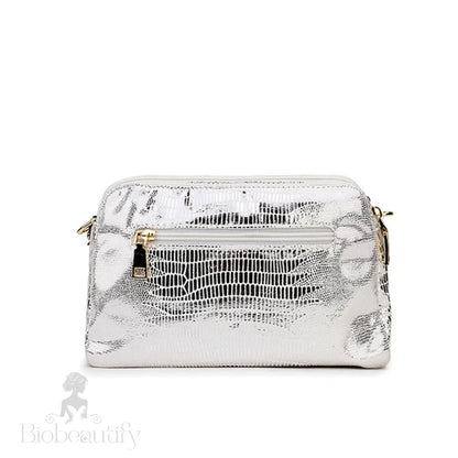 Metallic Animal Pattern Double Zip Crossbody Bag Silver