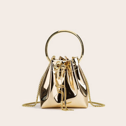 Gold Metallic Faux Leather Drawstring Bucket Bag With Ring Handle One Size /