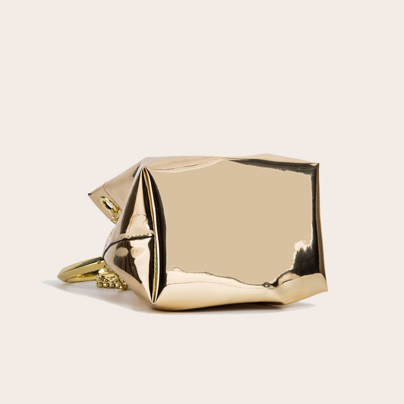 Gold Metallic Faux Leather Drawstring Bucket Bag With Ring Handle