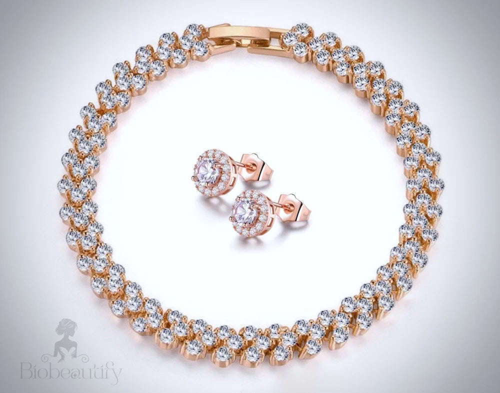 Milan Rose Gold Bracelet And Earrings Set With Cubic Zirconia