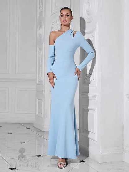 Milia One Shoulder Gown Dress With Cut Out Light Blue / Xs