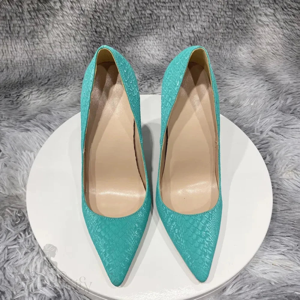 Mint Green Crocodile Effect Pointy Toe High Heel Shoes For Women