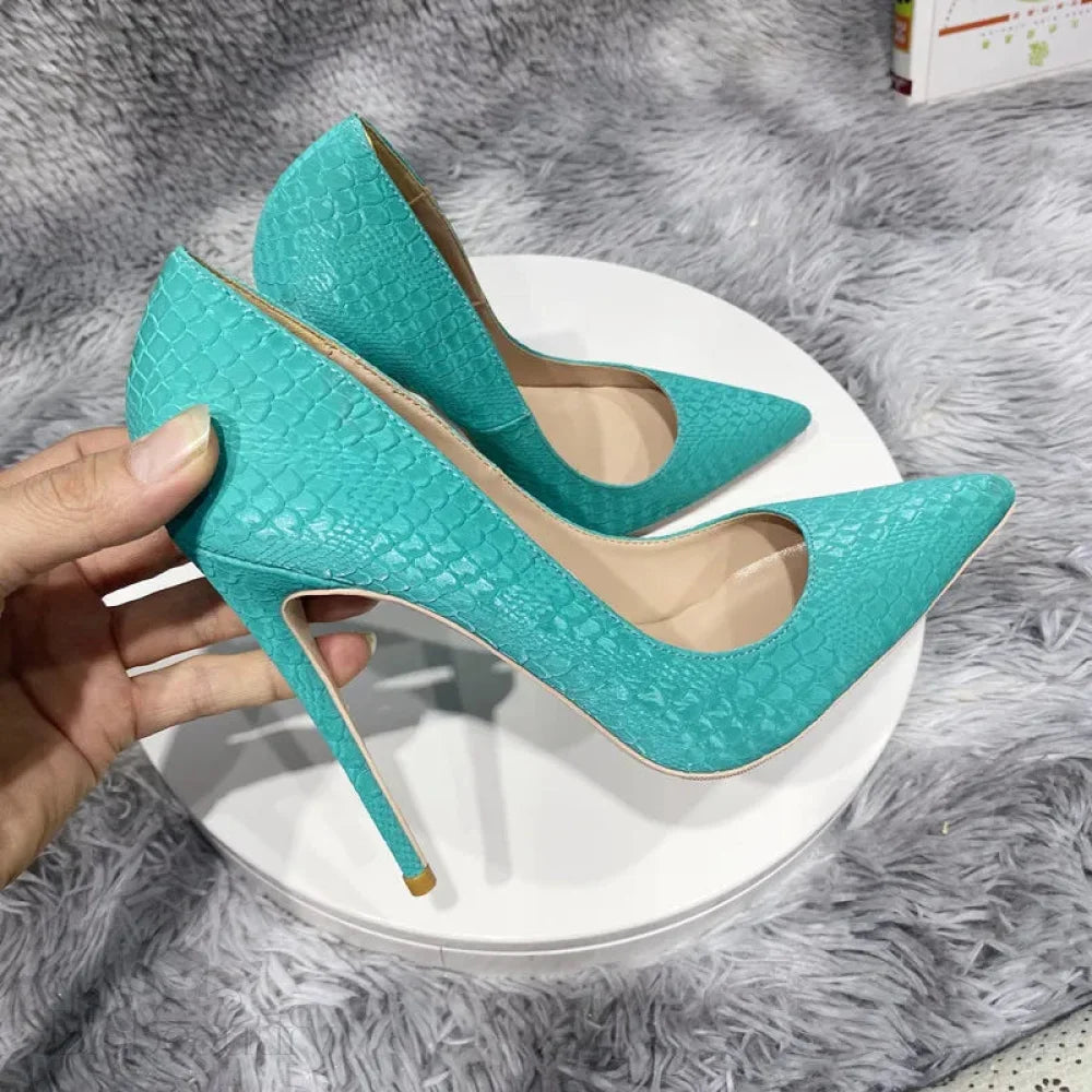 Mint Green Crocodile Effect Pointy Toe High Heel Shoes For Women