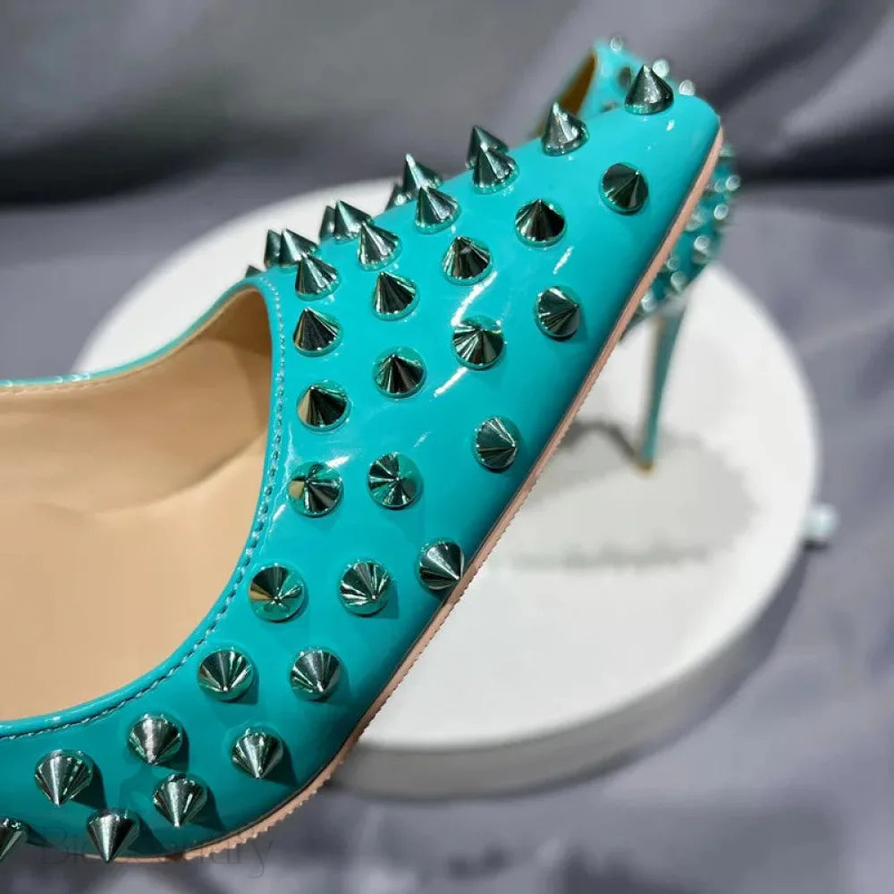 Mint Green Pointy Toe High Heel Shoes With Silver Spikes