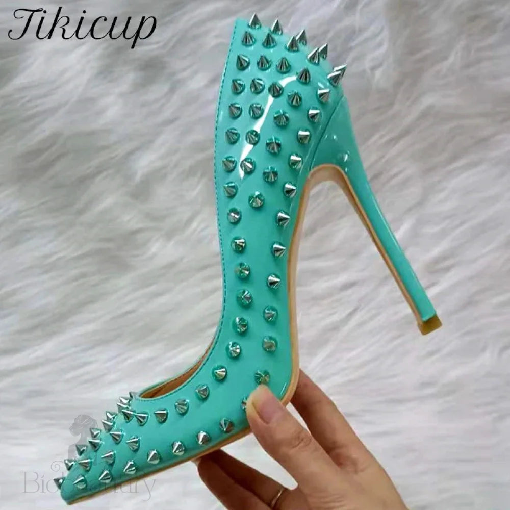 Mint Green Pointy Toe High Heel Shoes With Silver Spikes